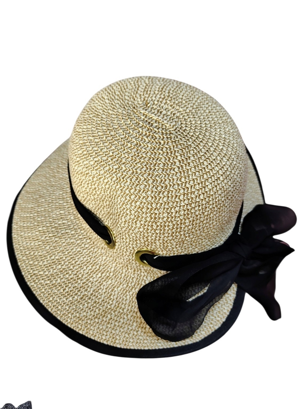 Women’s Cream Straw Sun Hat with Black Ribbon Bow